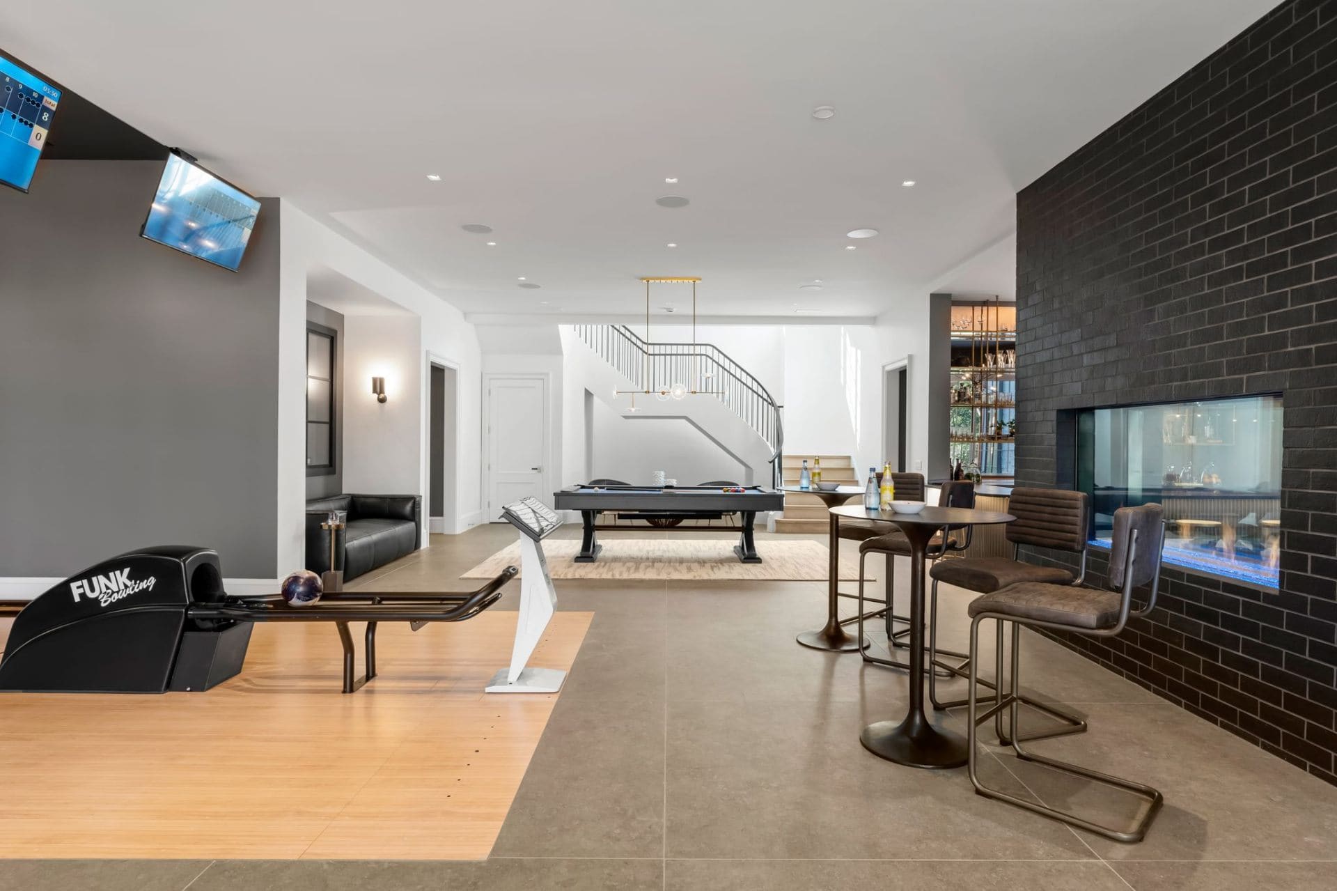 Bowling and billiards with fireplace