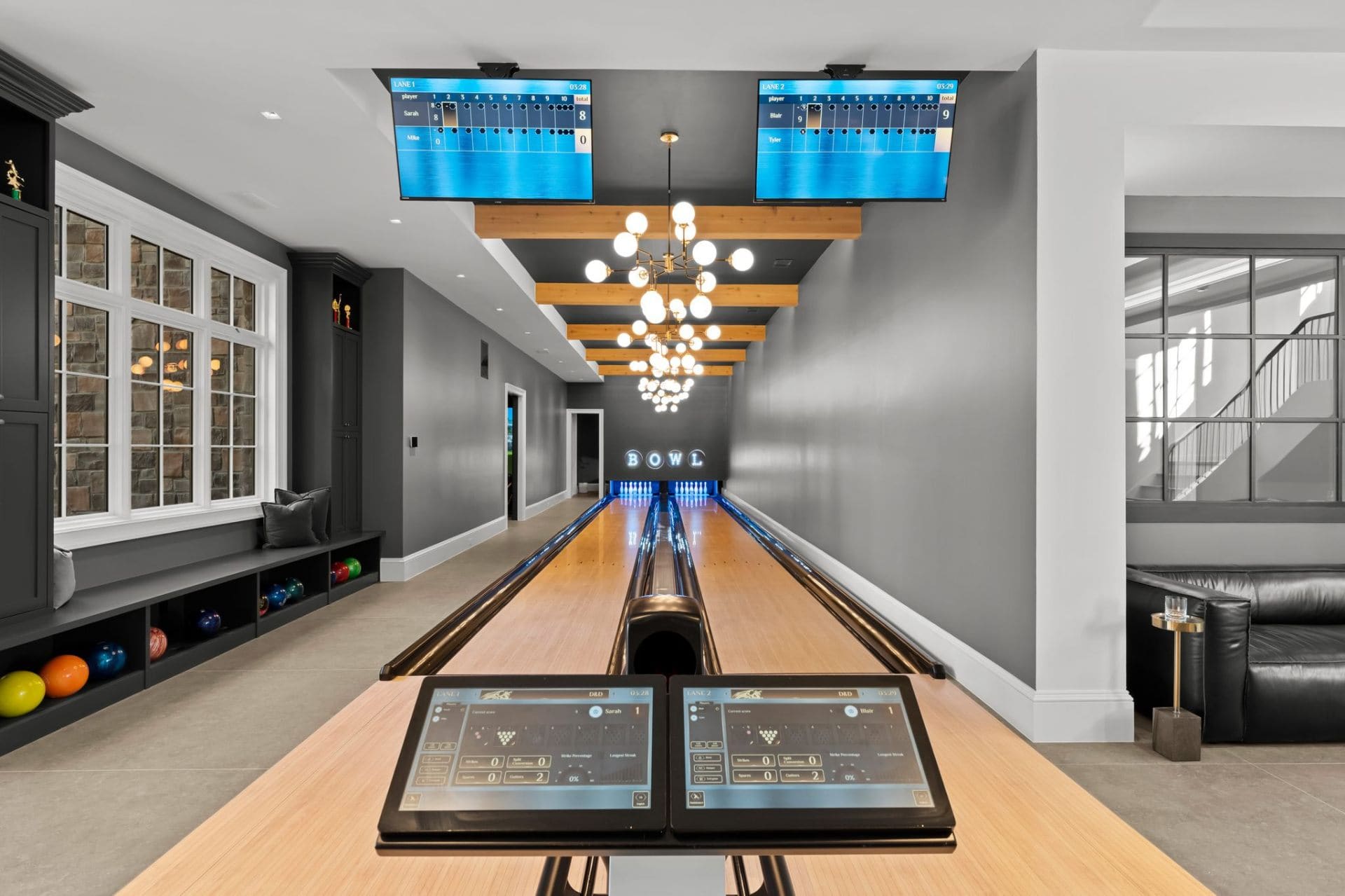 Bowling lanes center view with scoring