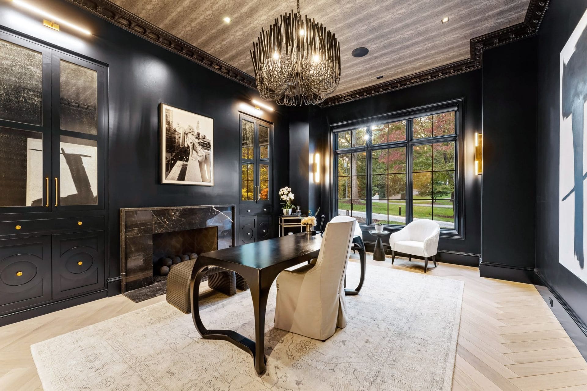 Dark office alternate view with marble fireplace