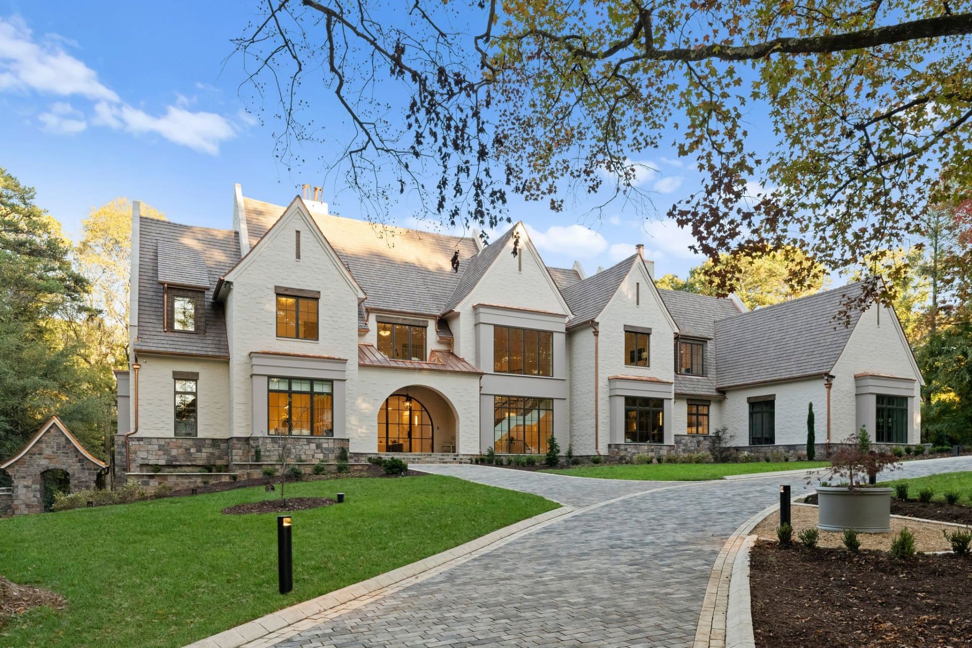 Estate front wide view with landscaping