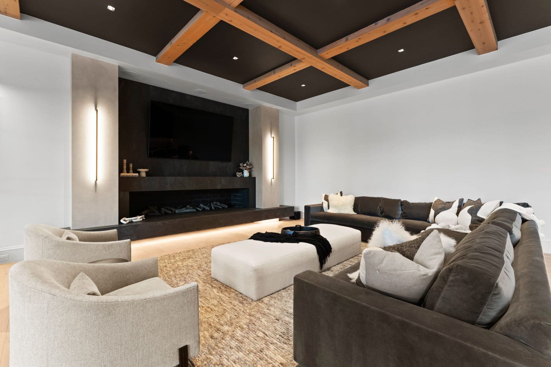 Lower level media room with fireplace