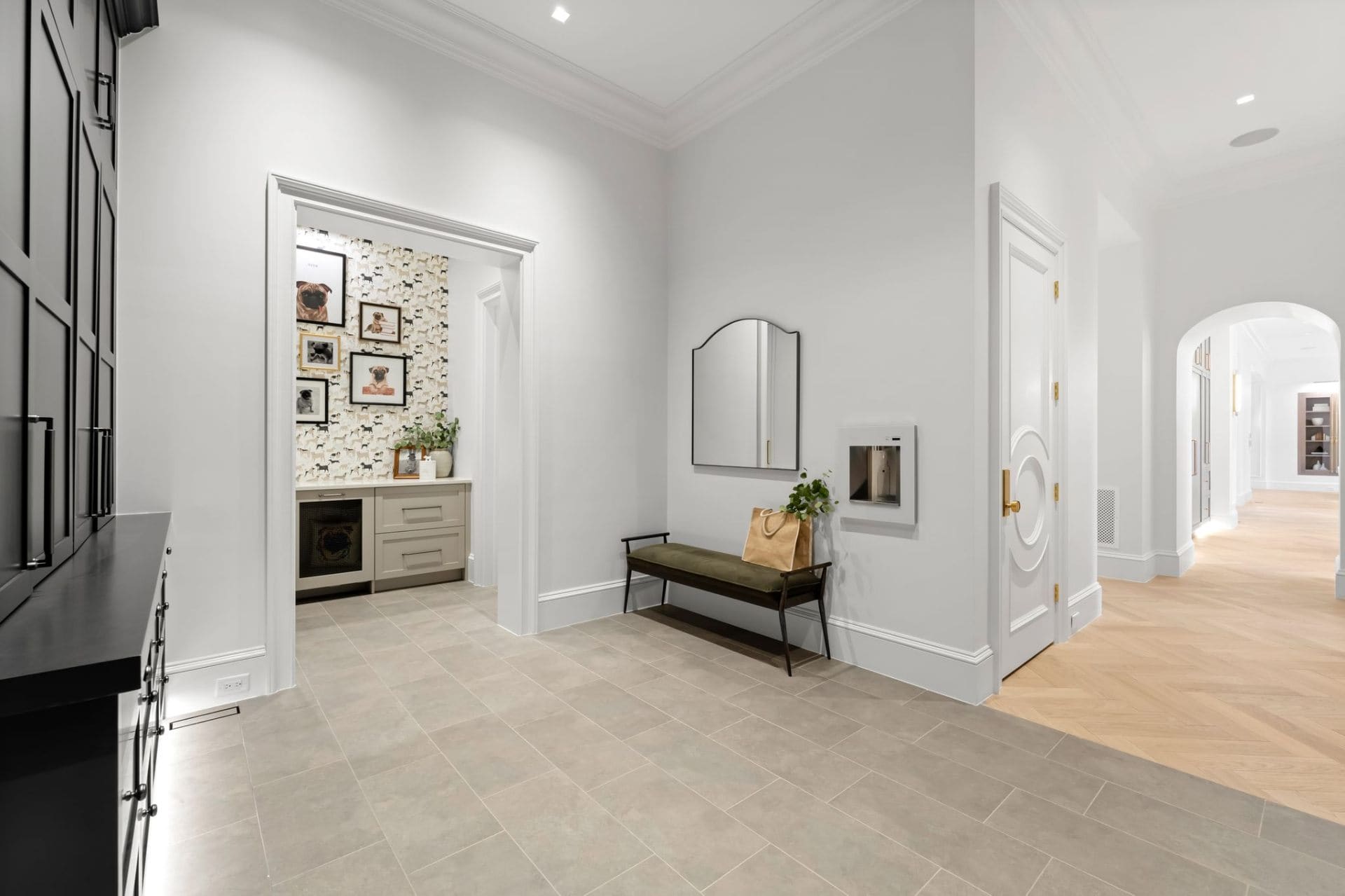 Mudroom wide view with pet suite and hallway