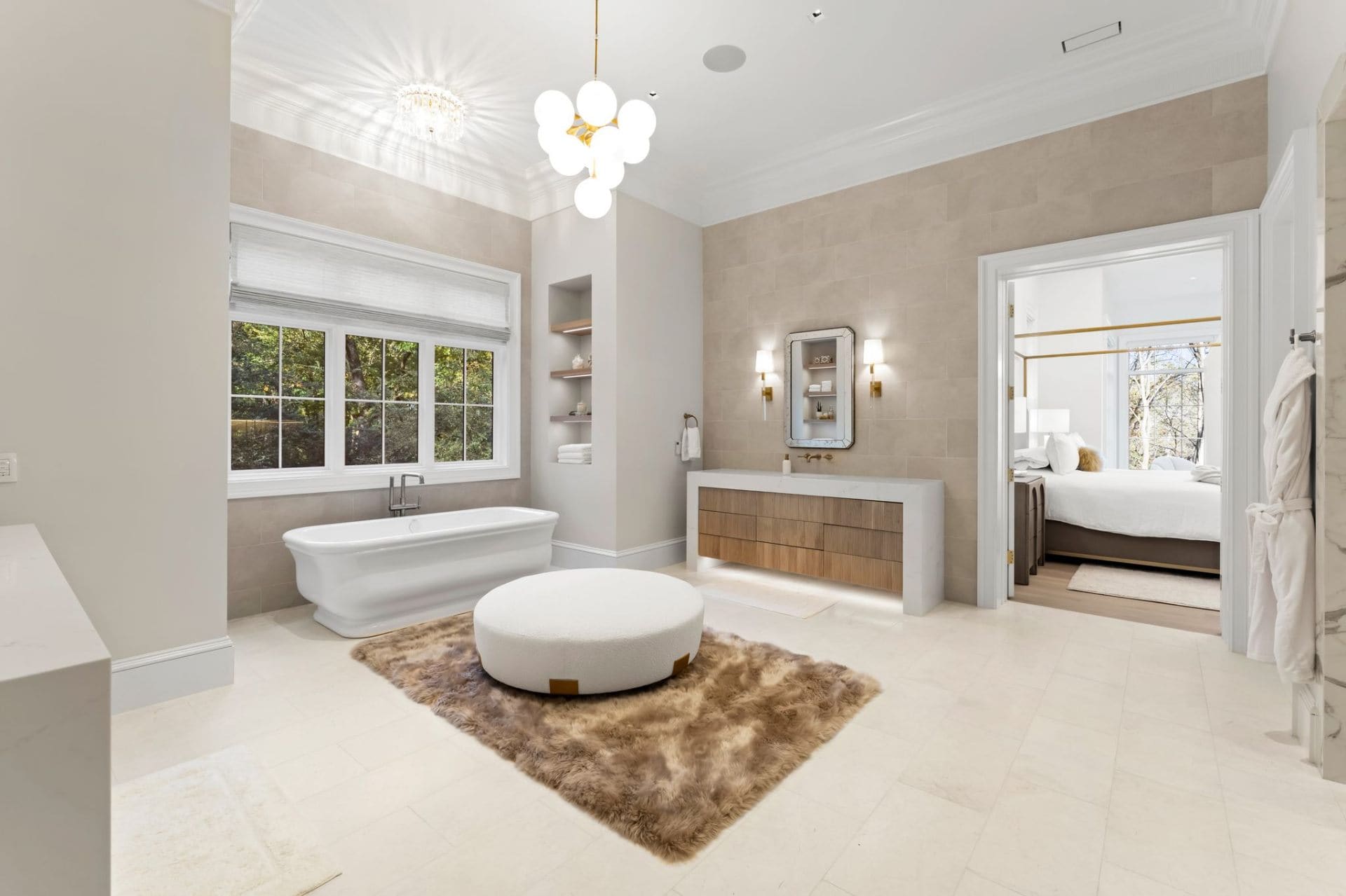 Primary bath tub with bedroom view