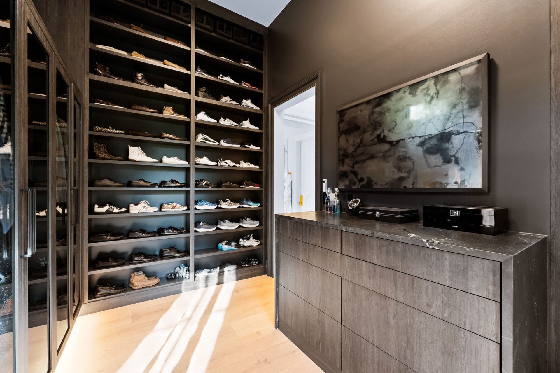 Designer shoe closet with marble island